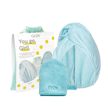 GLOV® You Go, Girl! Set - convenient skincare set with the patented skin cleansing On-The-Go mitten and a super-absorbent sustainable hair wrap