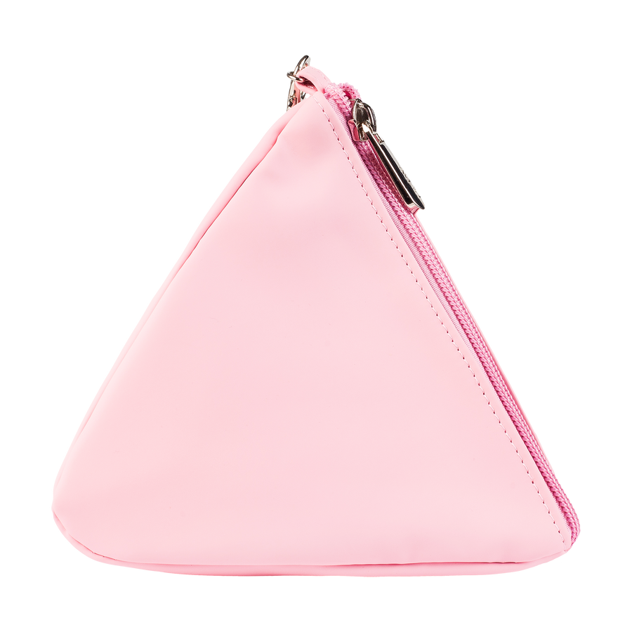 Pink cone-shaped cosmetic bag.