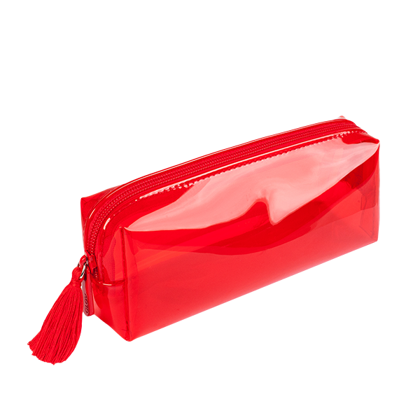 Red cosmetic bag for storing accessories.