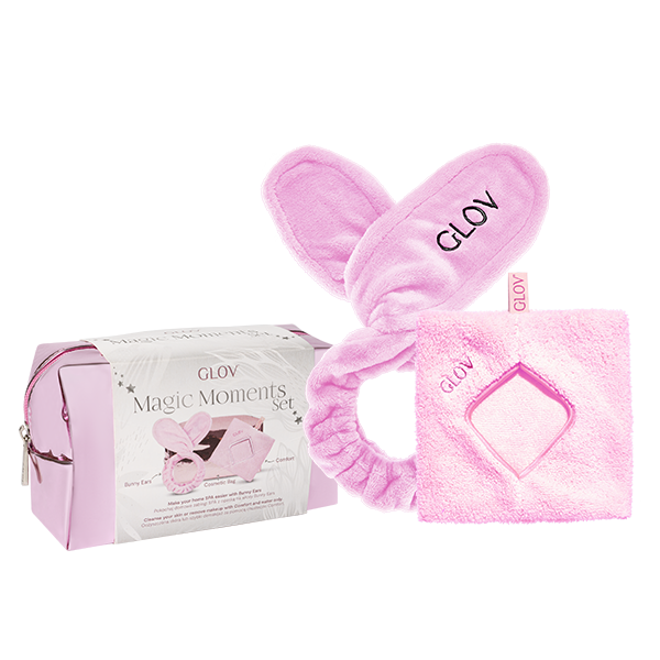 GLOV® Magic Moments Set - skincare set with a patented skin cleansing face towel and a convenient bunny ear hairband